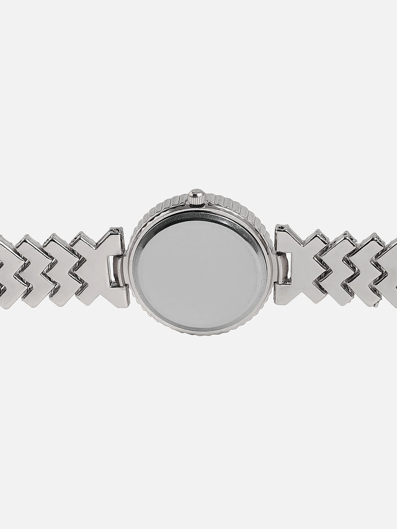 Embellished White Round Dial With Silver Metal Strap