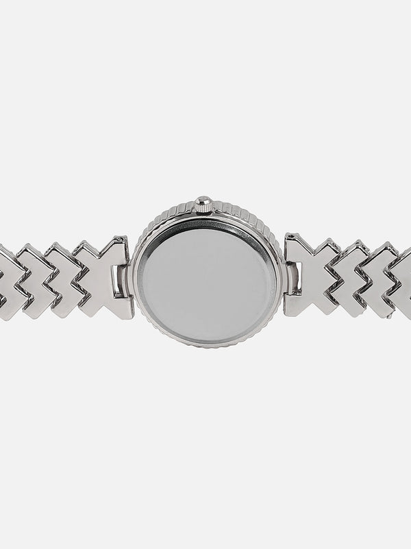 Embellished White Round Dial With Silver Metal Strap