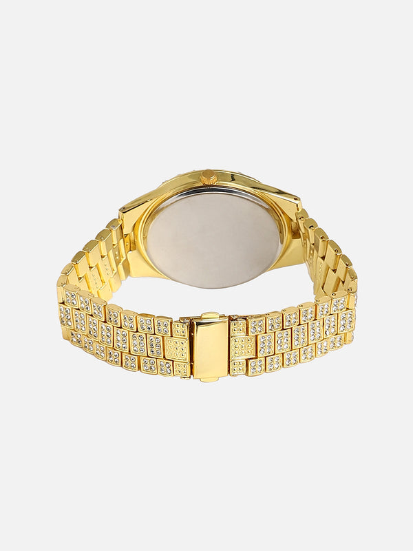 Embellished Green Round Dial With Gold Metal Strap