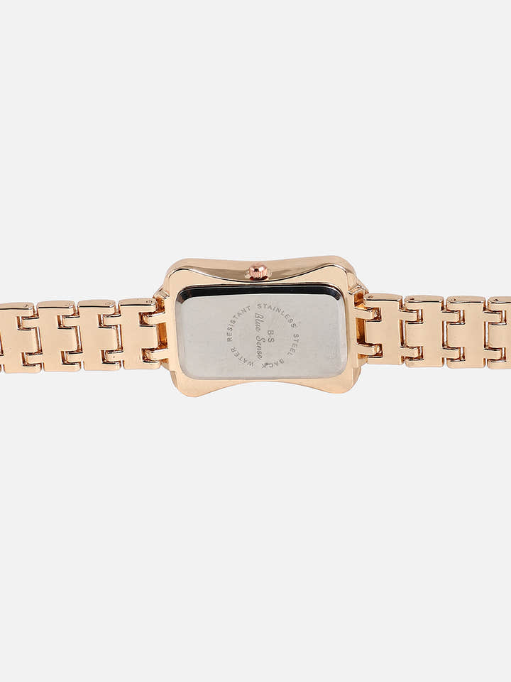 Embellished Rose Gold Rectangular Dial With Rose Gold Metal Strap