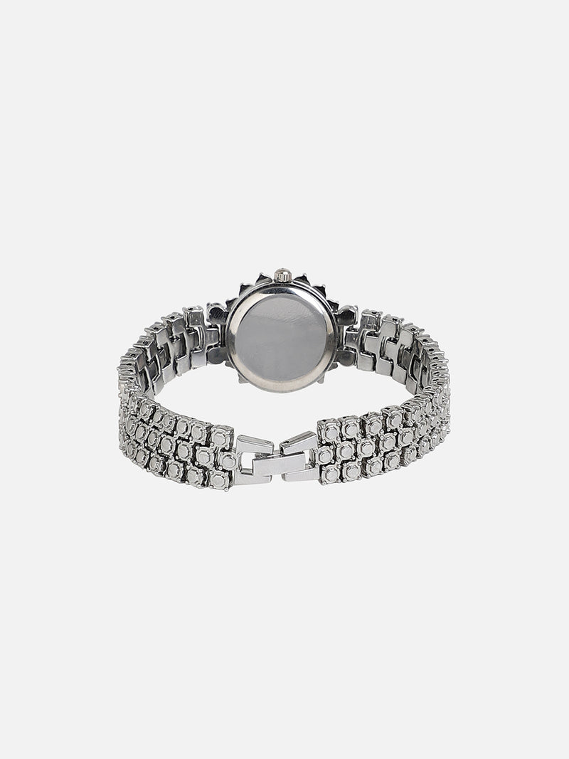 Embellished Pink Round Dial With Silver Metal Strap