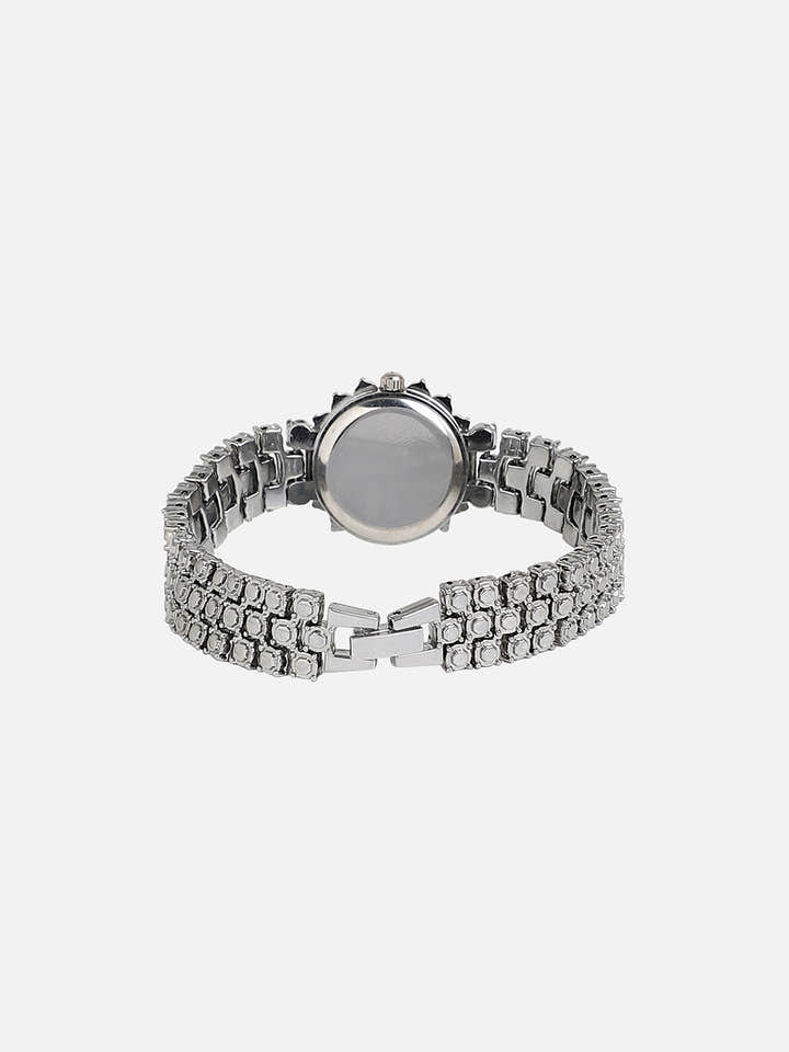 Embellished Pink Round Dial With Silver Metal Strap