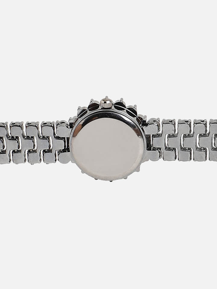 Embellished Pink Round Dial With Silver Metal Strap