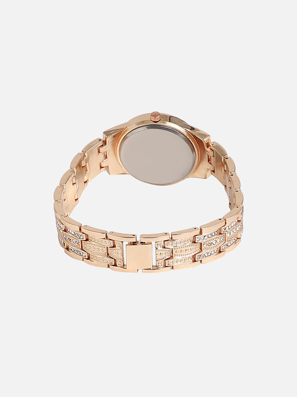 Embellished Rose Gold Round Dial With Rose Gold Metal Strap